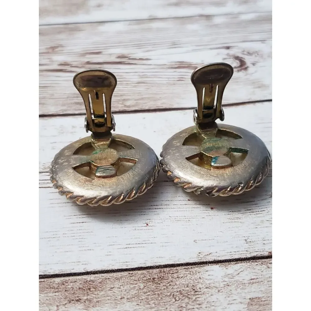 Vintage Clip On Earrings - Golden Cream Tone with Gold Tone Halo Large 1 & 1/8